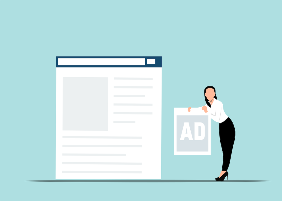 linked in ads im online marketing eine frau steht mit einem ads-schild neben einer website